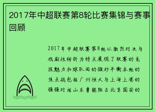 2017年中超联赛第8轮比赛集锦与赛事回顾