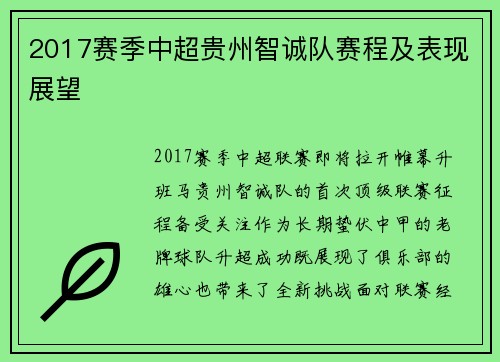 2017赛季中超贵州智诚队赛程及表现展望