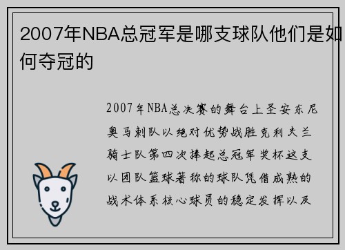 2007年NBA总冠军是哪支球队他们是如何夺冠的